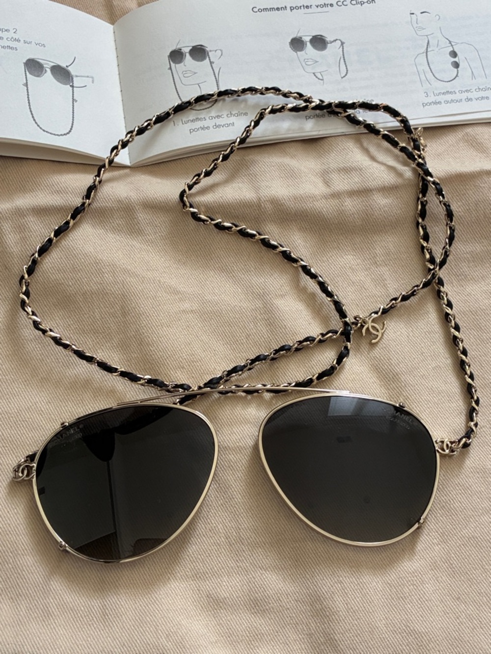 CHANEL Black Lens Aviator clip on with Gold Frame & Chain